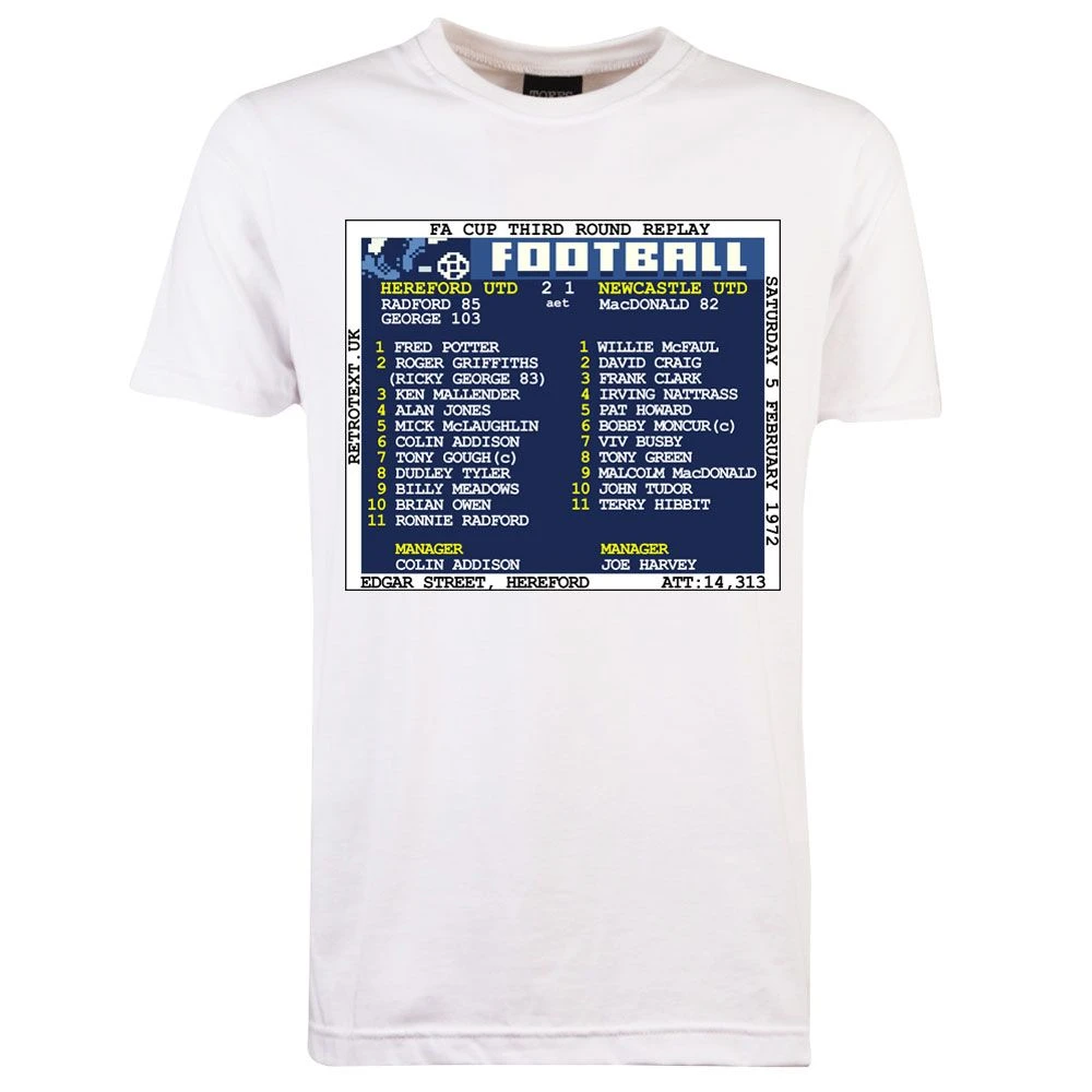 1972 Hereford Utd V Newcastle United (Hereford) Retrotext T-Shirt - White 1 1972 Hereford Utd V Newcastle United (Hereford) Retrotext T-Shirt - White